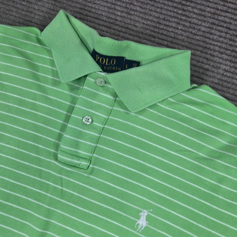 Polo Ralph Lauren Mens L Green Striped Custom Fit Cotton Polo Shirt